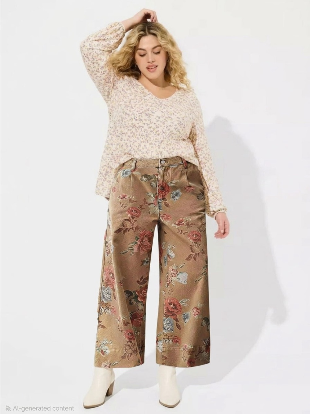 Loveimgs Khaki Floral Mid-Rise Cropped Wide Leg Baggy Jean Size XL NWT